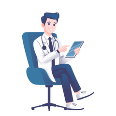 Smiling Doctor Using Digital Tablet Sitting in Chair