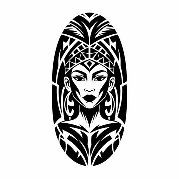 Stylized black and white vector illustration of a woman's face with intricate tribal patterns and a decorative headpiece, set within an oval shape.