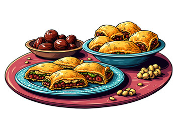 Arabic dessert table featuring baklava and dates on colorful plates