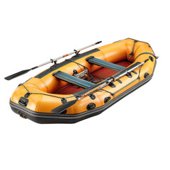 Orange inflatable raft with oars on a white background