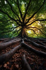 A massive tree with sprawling roots and dense foliage, surrounded by a vibrant forest