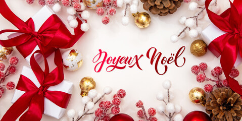 Joyeux noel and Bonee Annee. French Merry Christmas Modern calligraphy lettering on sticker for season greetings. Greeting card, frame, and banner. Holidays design.