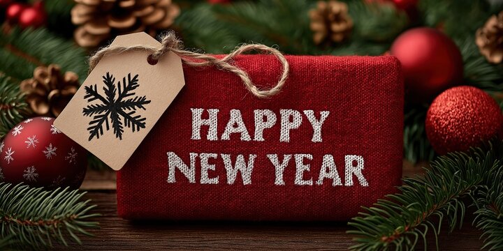 A red gift bag with the words Happy New Year embroidered on it next to New Year decorations and pine branches with an empty tag hanging from one corner - Powered by Adobe