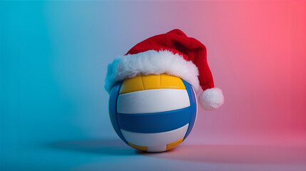 White and blue and yellow volleyball with a red christmas santa claus hat with a gradient background of blue and pink ai