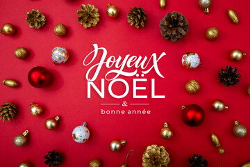 Joyeux noel and Bonee Annee. French Merry Christmas Modern calligraphy lettering on sticker for season greetings. Greeting card, frame, and banner. Holidays design.