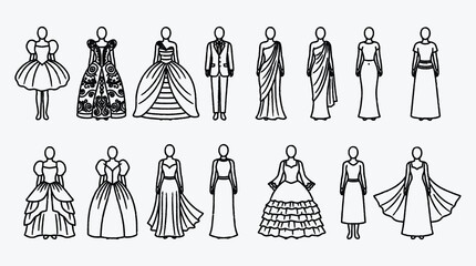 Set of fashion clothing and dresses outline silhouettes on white background