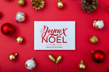 Joyeux noel and Bonee Annee. French Merry Christmas Modern calligraphy lettering on sticker for season greetings. Greeting card, frame, and banner. Holidays design.