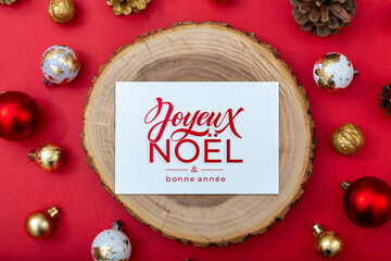 Joyeux noel and Bonee Annee. French Merry Christmas Modern calligraphy lettering on sticker for season greetings. Greeting card, frame, and banner. Holidays design.