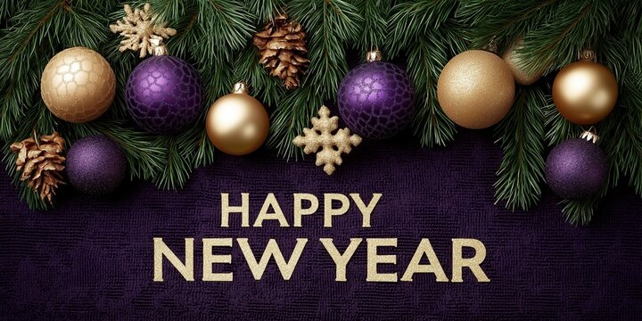 A purple and gold background with pine branches snowflakes and Christmas ornaments in the corners of a New Year scene with the inscription Happy New Year written on it