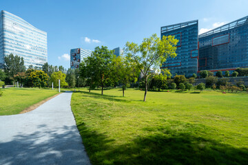 Park lawns and modern office buildings in technology parks