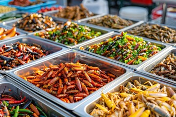 Colorful display of various insects and seafood at a market