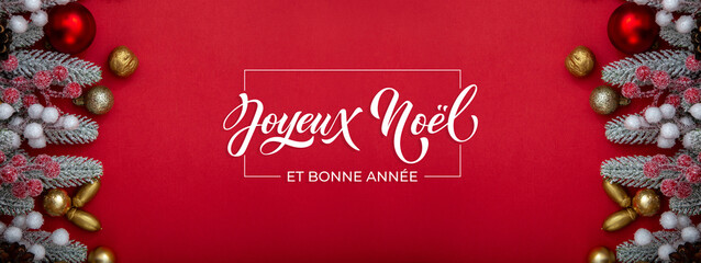 Joyeux noel and Bonee Annee. French Merry Christmas Modern calligraphy lettering on sticker for season greetings. Greeting card, frame, and banner. Holidays design.