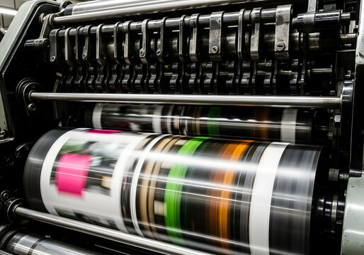 Closeup of an offset printing machine in operation with colorful design