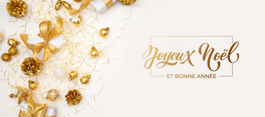 Joyeux noel and Bonee Annee. French Merry Christmas Modern calligraphy lettering on sticker for season greetings. Greeting card, frame, and banner. Holidays design.