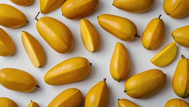 &ldquo;Fresh yellow mango sliced neatly on clean white studio surface high detail premium fruit photography natural lighting commercial food image high resolution texture clarity tropical fruit concept mini