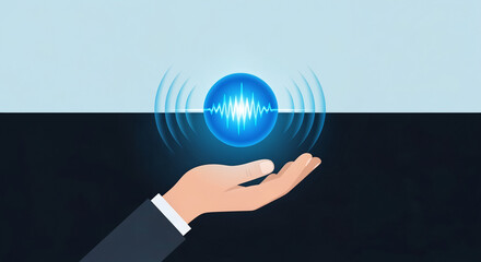 Hand Holding Glowing Blue Sphere with Sound Wave Icon: Voice Technology, Audio Control, or Digital Communication Concept