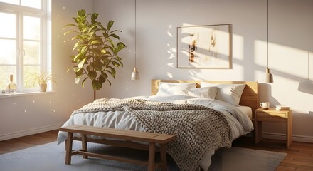 Bright inviting modern bedroom interior with natural light.