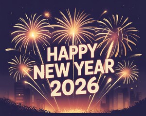 Vibrant new year s eve fireworks illuminate the night sky above a city skyline celebrating the arrival of 2026 with festive explosions