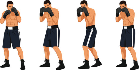 Dynamic compilation of male boxers in assertive fighting stance isolated