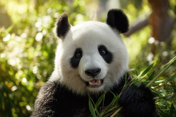 Close-up of a happy panda eating bamboo