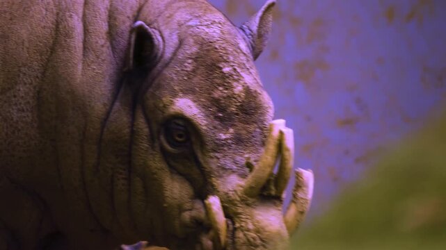 Close up of a babirusa pig, also called deer-pigs,  standing around in the mud on a cloudy day