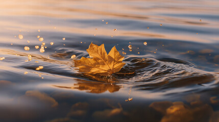 Slow motion leaf floating on water surface for climate awareness ads with golden light reflection