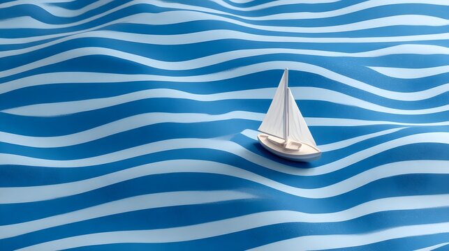 Stylized miniature sailboat model floating across abstract blue and white striped waves, minimalist design concept with nautical theme --ar 16:9