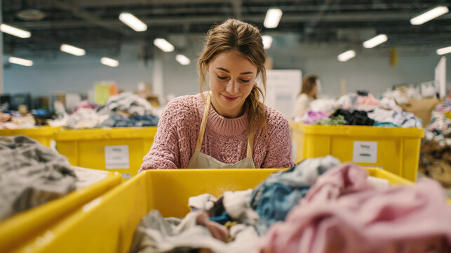 Volunteer sorting donated clothes in community center