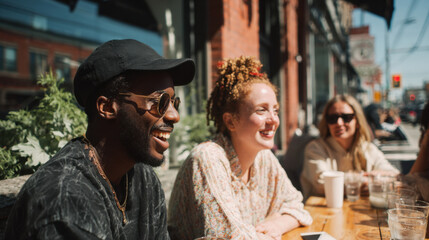 Friends enjoying conversation and drinks at outdoor cafe
