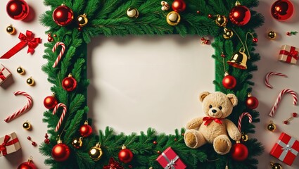 Festive Cheer Frame: An inviting holiday frame adorned with glistening ornaments and a cuddly teddy bear, creating a warm, cozy atmosphere filled with joy and anticipation. 