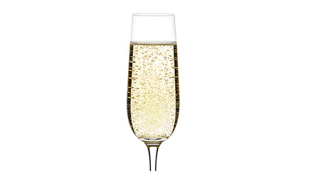 The effervescent whisk of bubbles rises in a crystal flute of golden sparkling wine, a symbol of celebration isolated on a pure white background