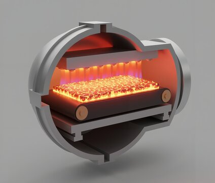 High-temperature industrial furnace with conveyor. Material processing system showing glowing granular solids heated by overhead radiant emitters for sintering or thermal treatment.