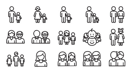 Fototapeta premium Family icons representing parents children and couples in simple line art