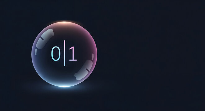 Glowing Neon Bubble with Binary Code 0 and 1: Quantum Computing, Digital Future, and Technology Concept