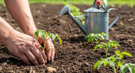Planting tomato seedlings in garden with watering can nearby