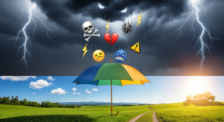 Rainbow Umbrella Protecting from Negative Emojis and Thunderstorm: Risk Protection and Safety Concept