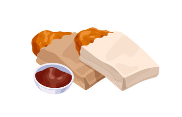 Two meat pies in paper packs with bowl of sauce. Street fast food. Deep fried fastfood meal. Takeaway eating in package. Tasty fat lunch. Flat isolated vector illustration on white background.
