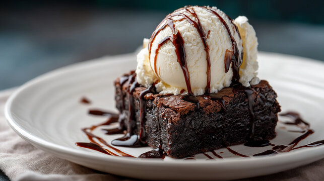 A brownie topped with vanilla ice cream and chocolate sauce on a white plate close up view dessert - Powered by Adobe
