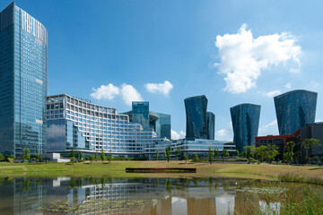 Park lawns and modern office buildings in technology parks