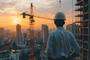 Plakat Adult man in hard hat observing construction site at sunset