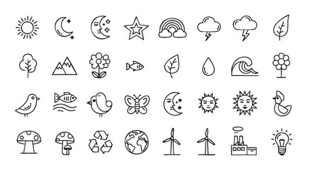 Fototapeta premium Nature and environment icons collection outline style for design projects