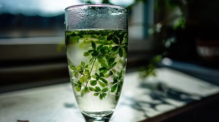 woodruff. A clear glass with fresh green woodruff leaves floating inside, condensation on the glass. bar promotions, beverage menus, designed for food & beverage menus and cafe branding.