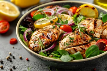 Grilled chicken salad with fresh vegetables and lemon slices