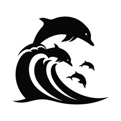 Majestic dolphin family and ocean wave silhouette created for marine wildlife artwork Vector illustration