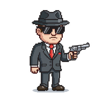 A pixel art character of a gangster in a suit, fedora, and sunglasses holding a revolver.