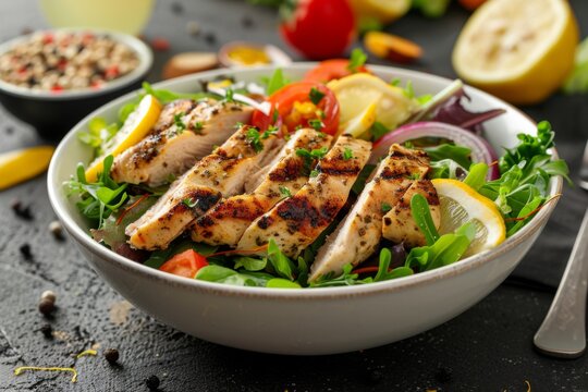 Grilled chicken salad with fresh vegetables and lemon slices