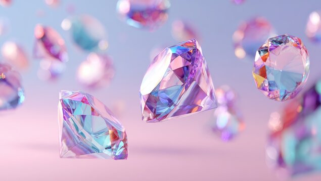 Floating iridescent diamonds on pastel background