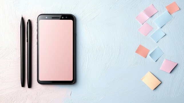 A flat lay composition featuring a smartphone, pens, and sticky notes, suggesting planning, organization, or communication.