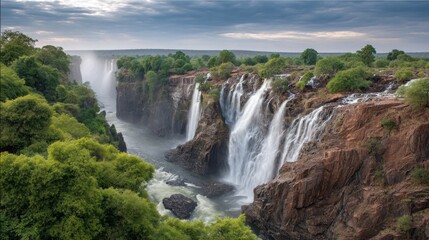 As twilight descends, the majestic waterfall flows with grace. Mist rises, and lush greenery surrounds the rocky cliffs, creating a serene atmosphere filled with nature's splendor