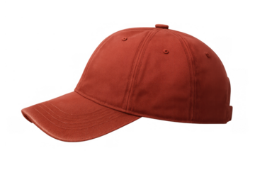 Red baseball cap displaying casual headwear fashion, sporting accessory for summer and outdoor activities, transparent background